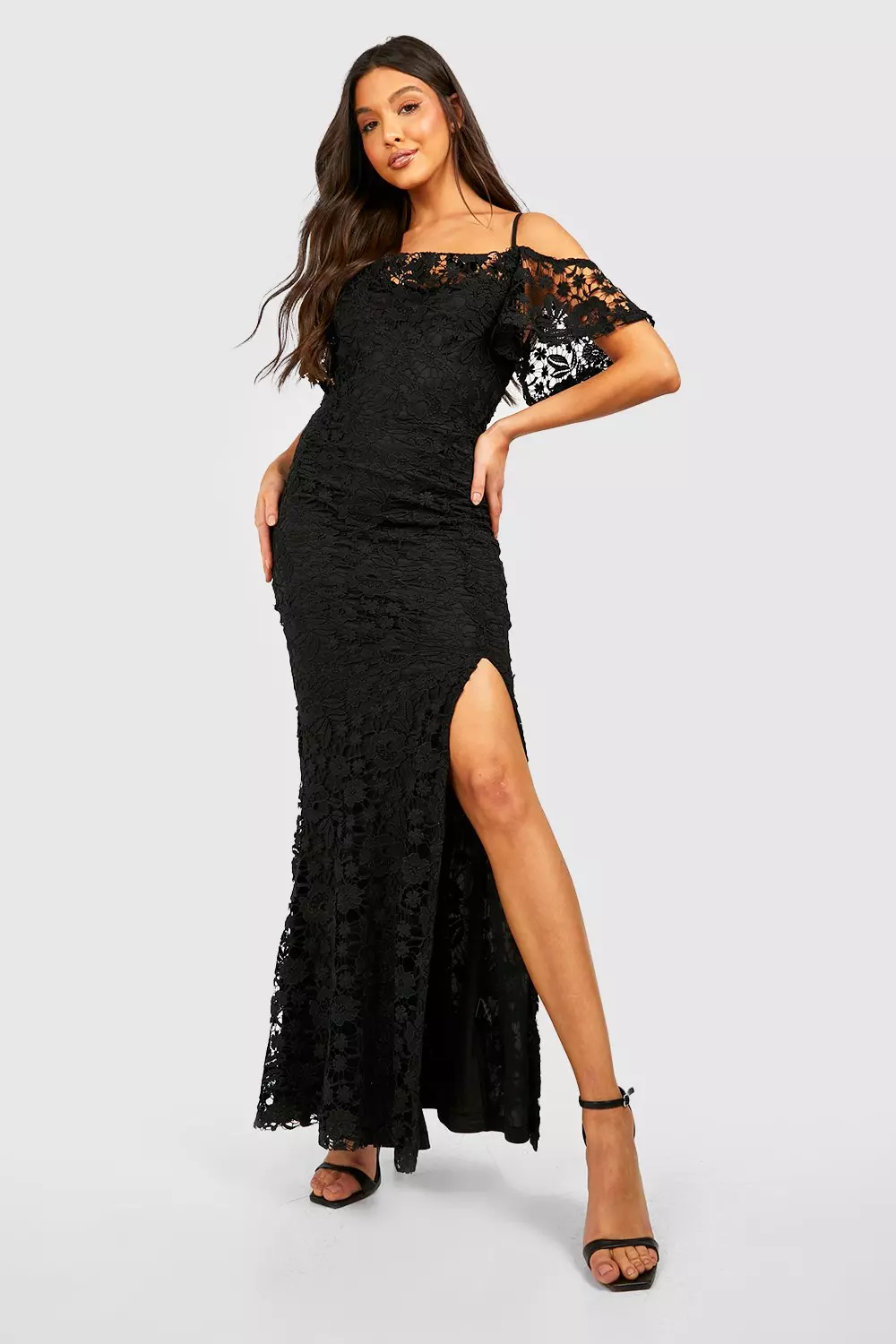 Black lace trim cold shoulder extreme 2025 split maxi dress