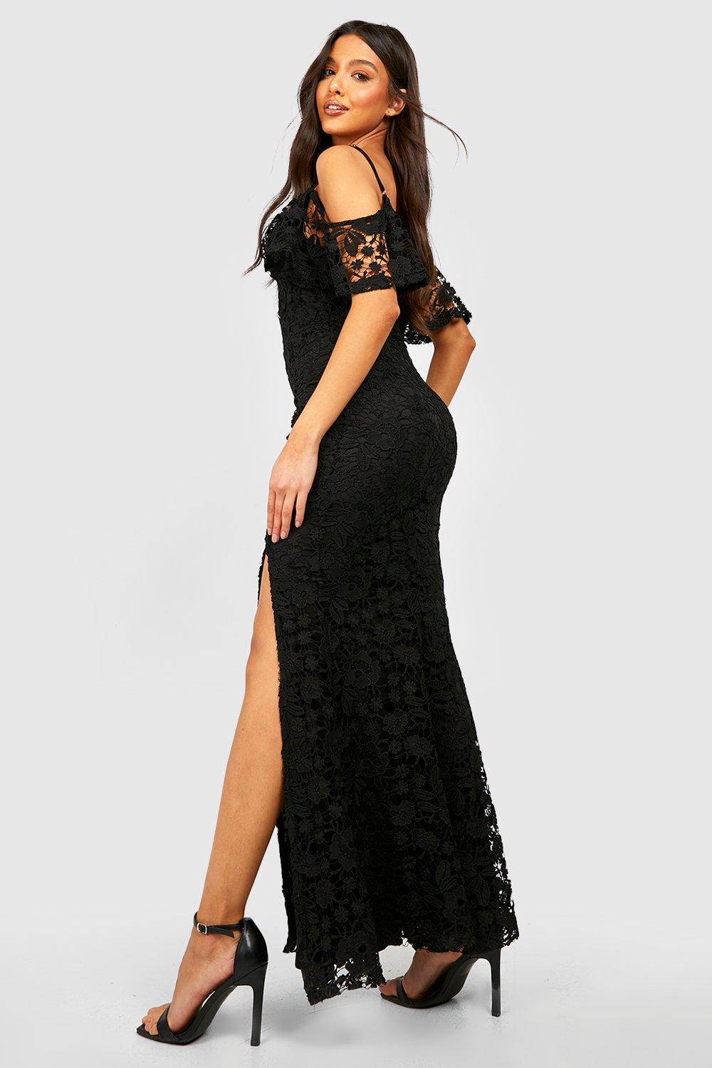 Black lace trim cold shoulder extreme split maxi outlet dress