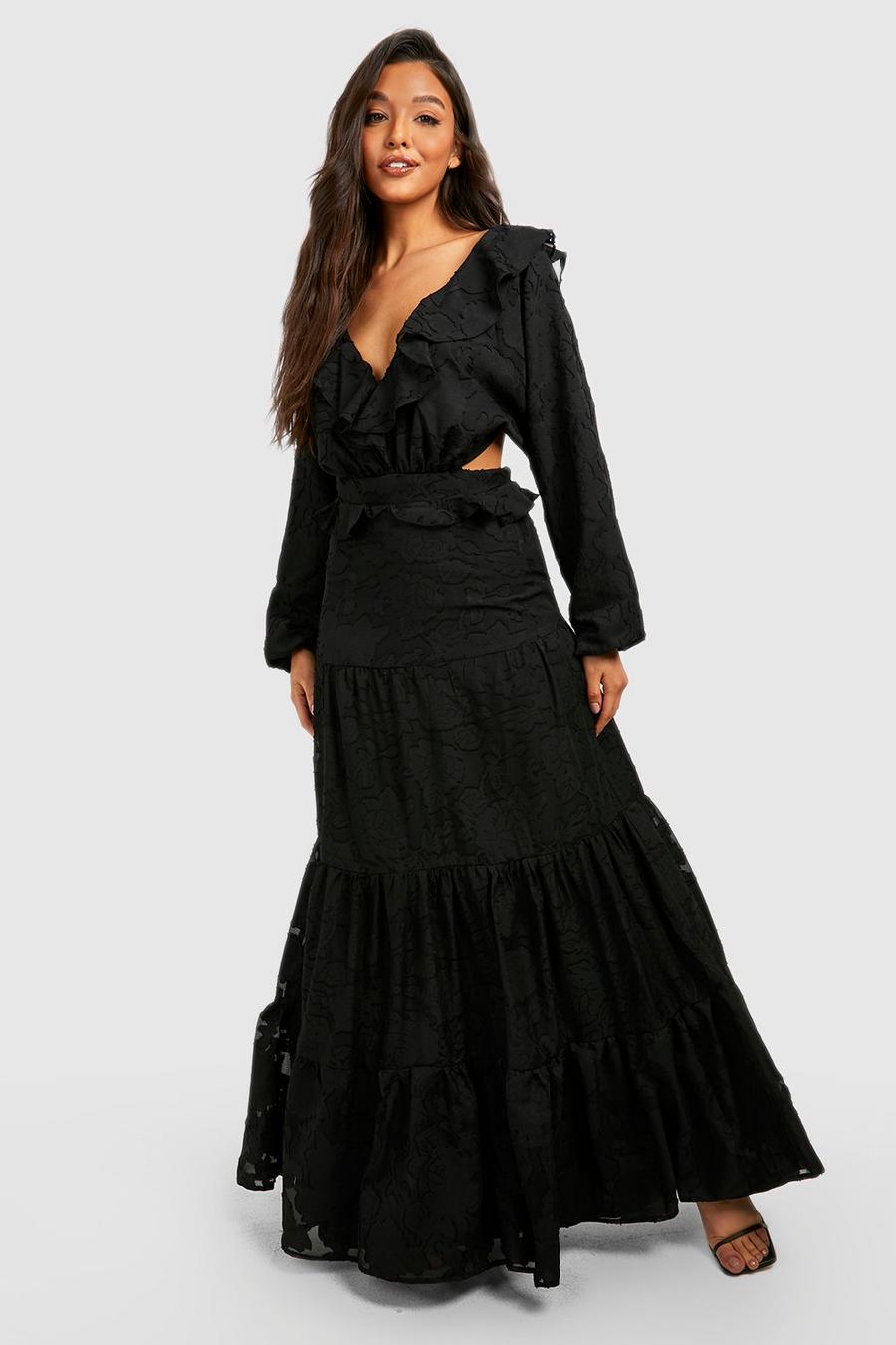 שחור שמלת סמוק מקסי מדורגת עם עיטור מסולסל וטקסטורה image number 1
