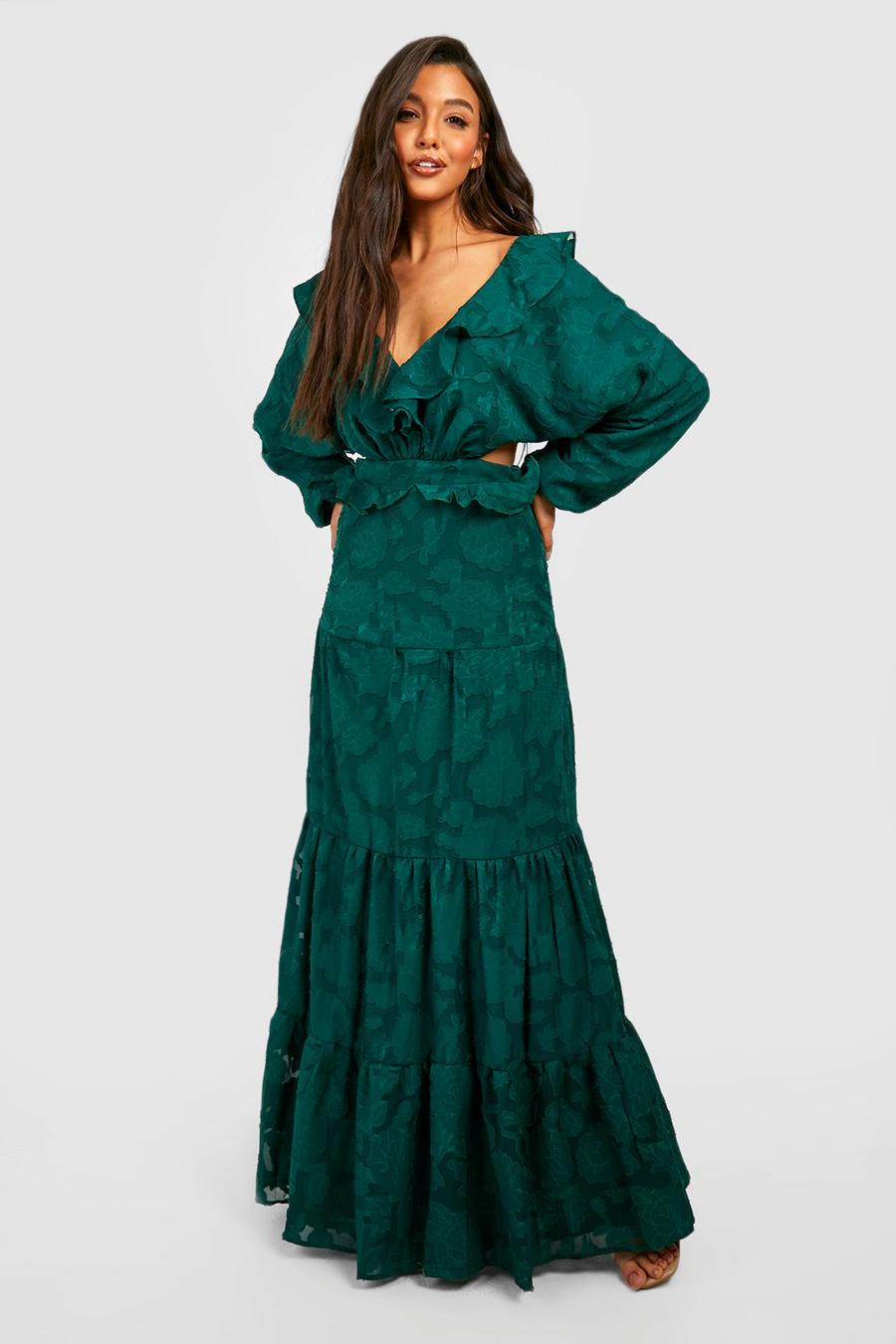 Emerald Textured Frill Detail Tiered Maxi Dress image number 1