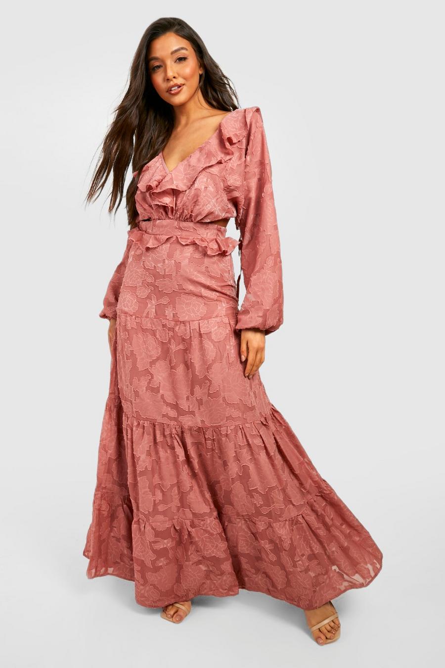 Rose Textured Frill Detail Tiered Maxi Dress