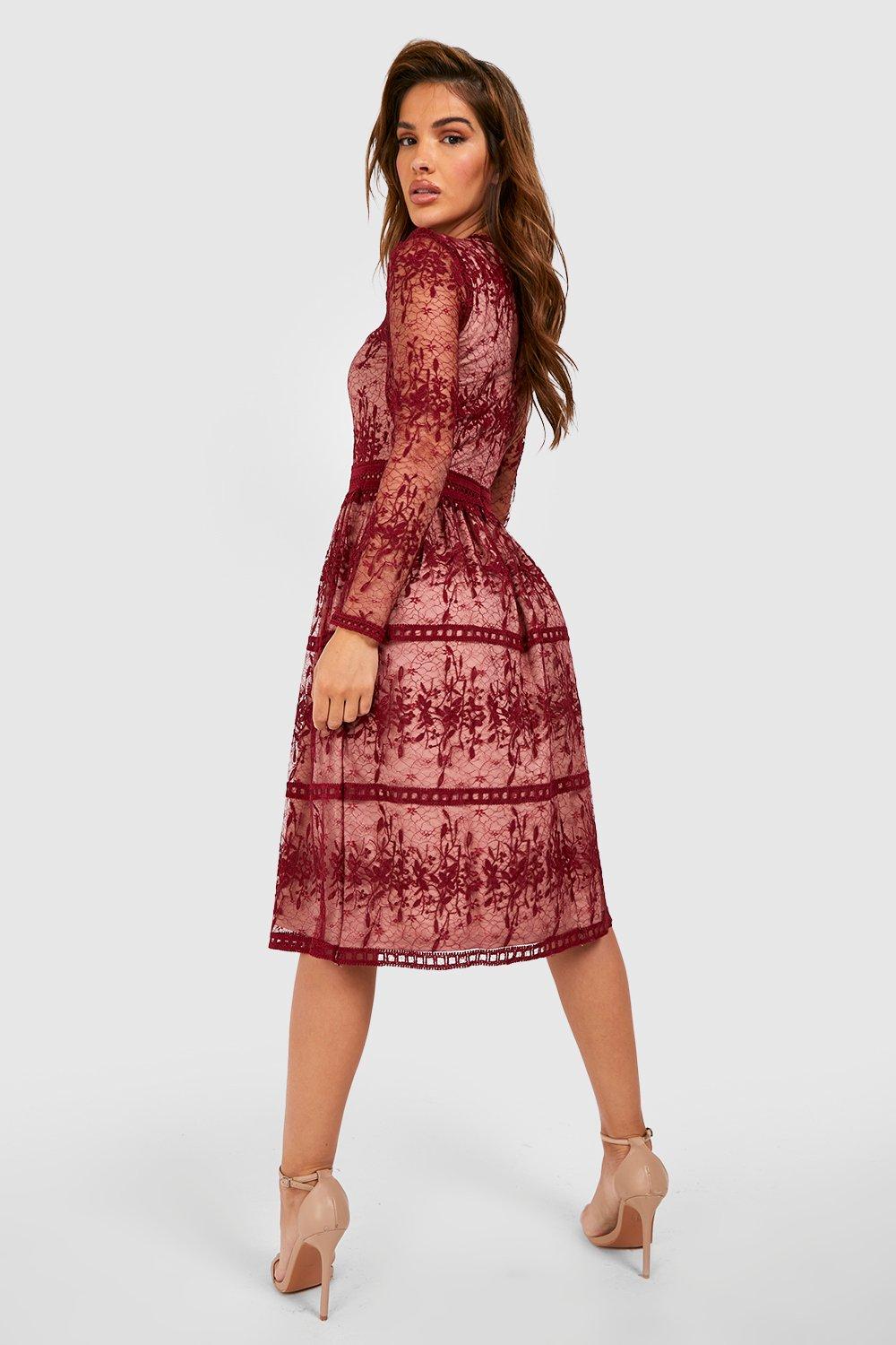 Boohoo burgundy lace dress sale