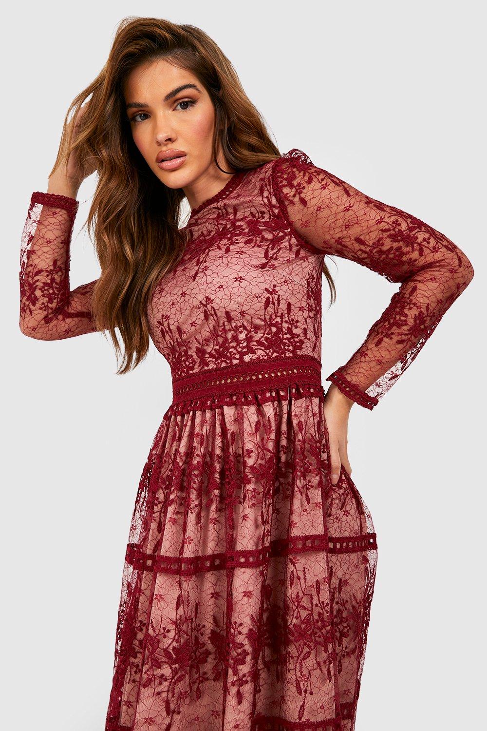 Boohoo burgundy lace clearance dress