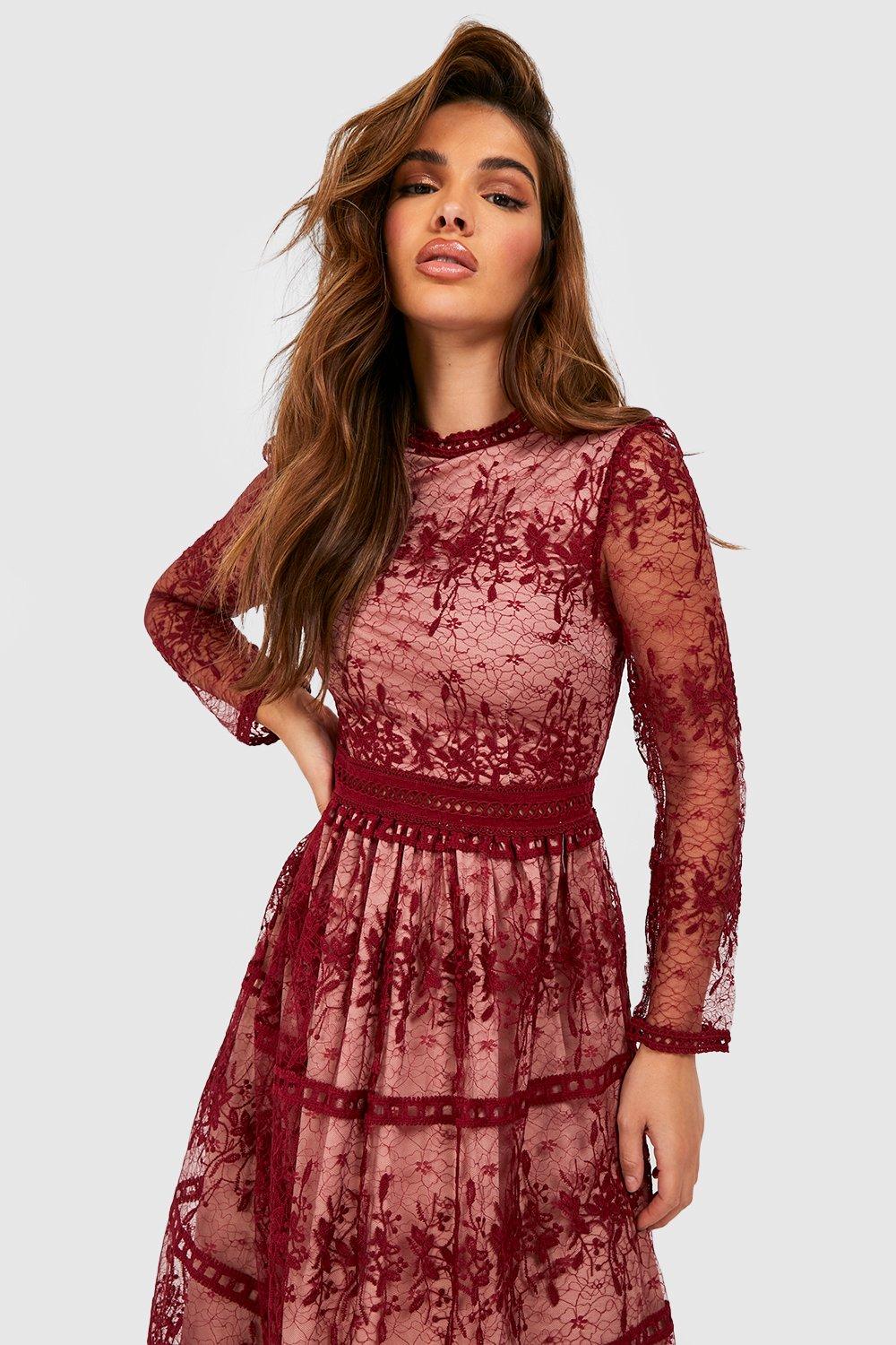 Boohoo burgundy 2024 lace dress