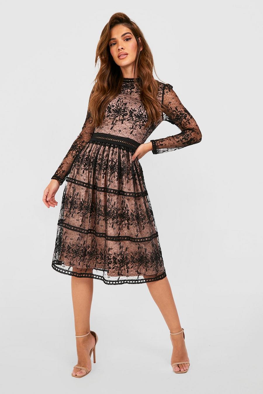 Black High Neck Lace Tiered Midi Dress image number 1