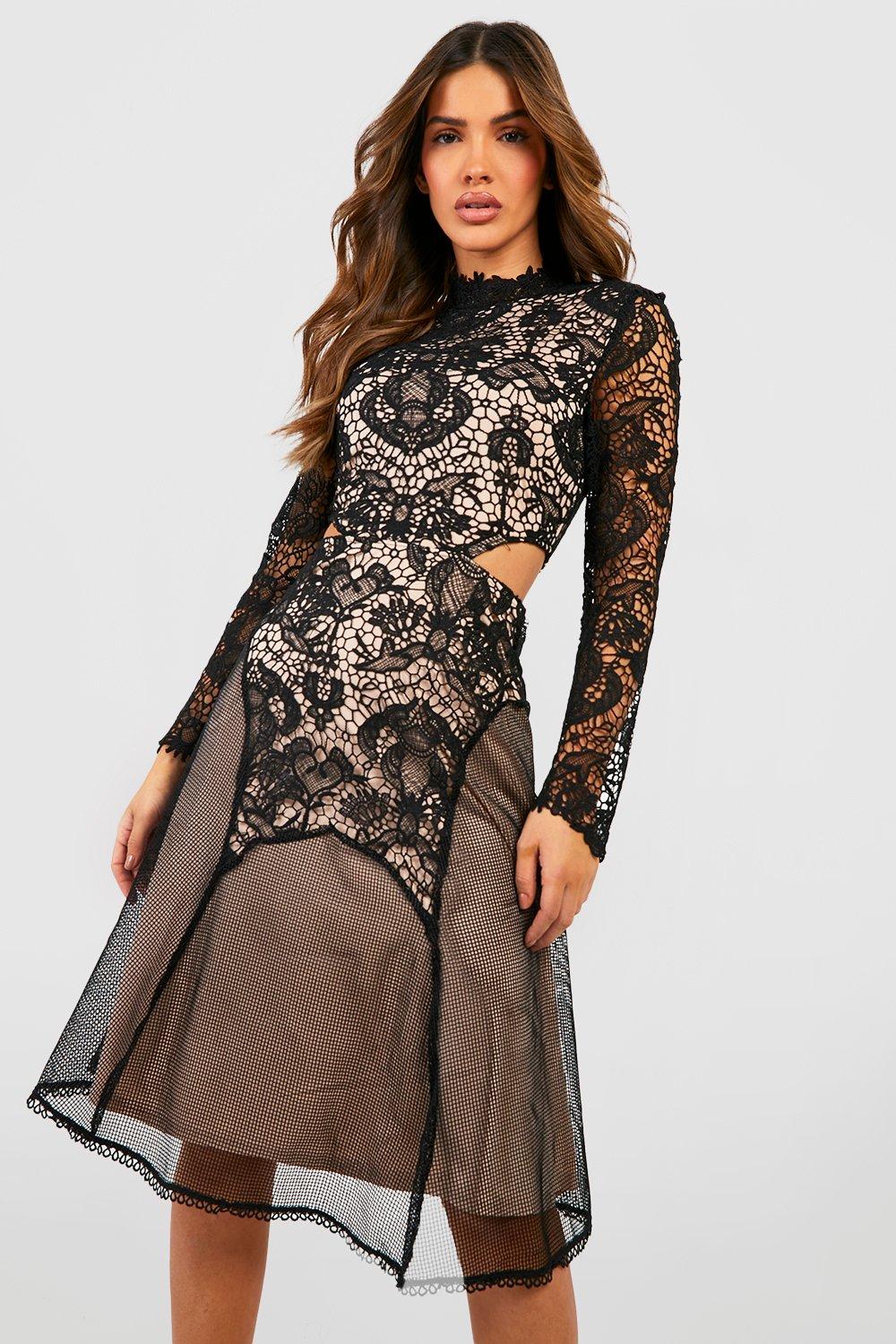 Black lace high 2024 neck midi dress