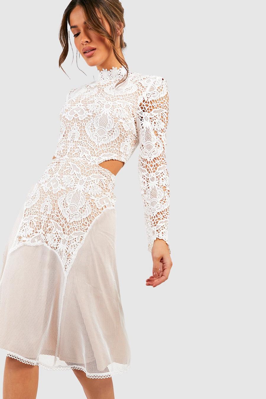 White Paneled Lace High Neck Midi Dress image number 1