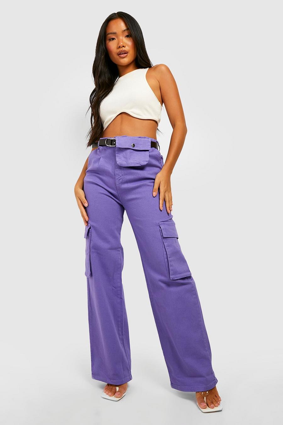 Purple Petite Belted Cargo Jeans image number 1