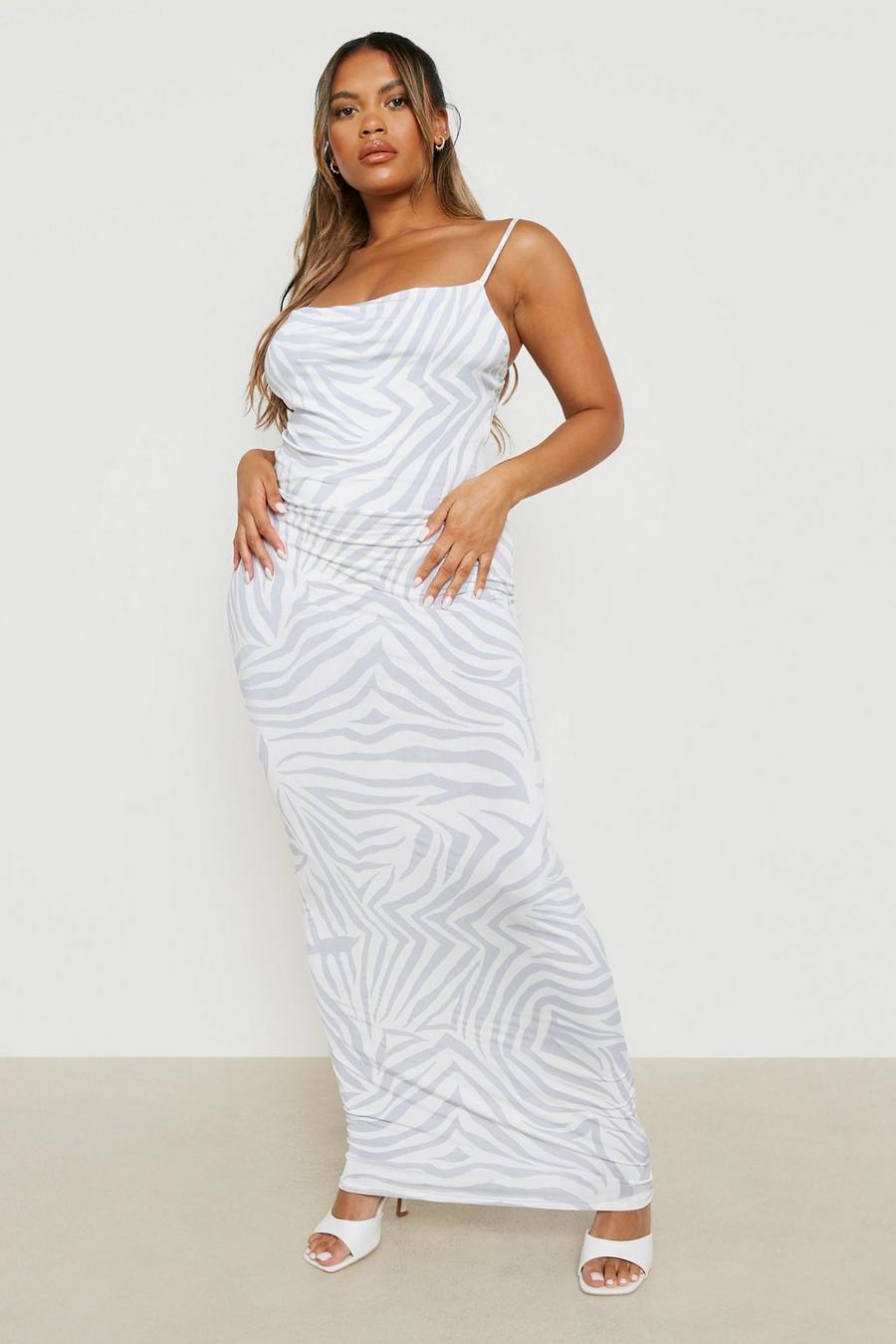 Stone beis Plus Slinky Zebra Print Cowl Neck Maxi Dress