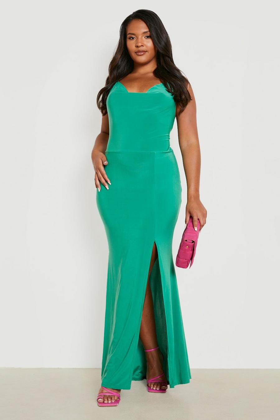 Bright green Plus Slinky Cowl Neck Split Maxi Dress image number 1