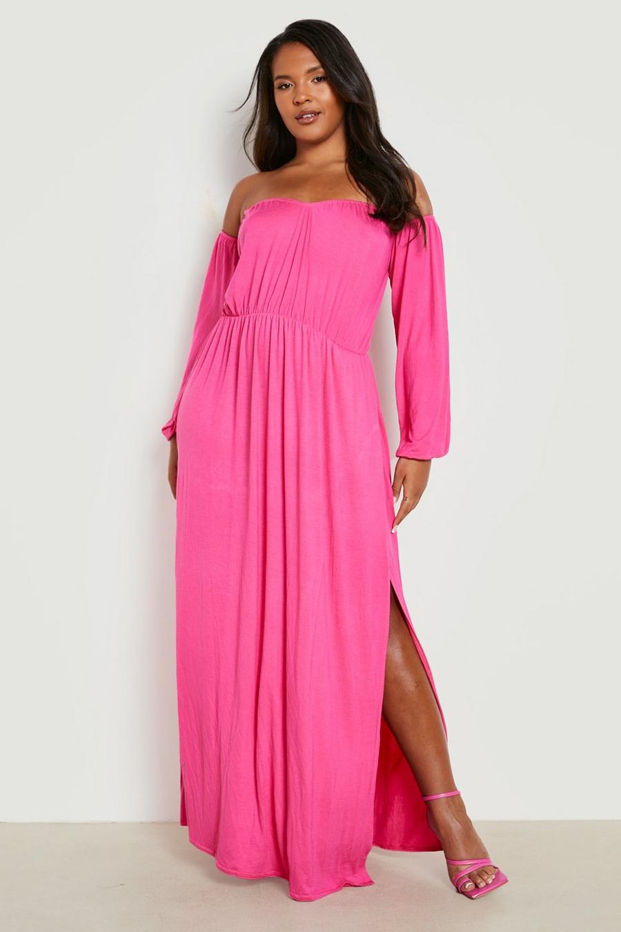 Grande taille - Robe longue à manches ballon et col bateau, Hot pink image number 1
