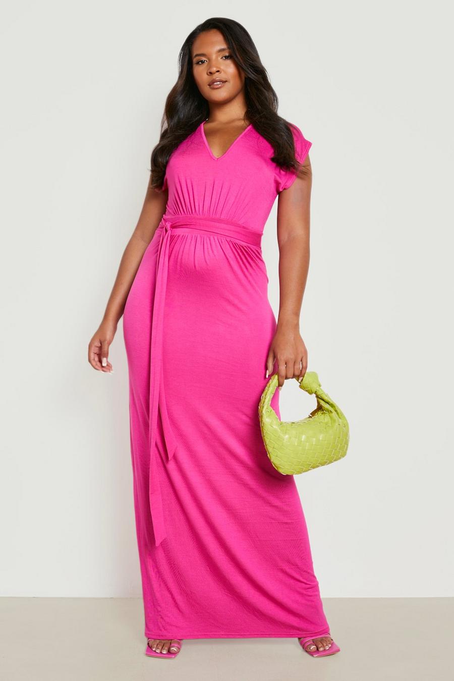 Hot pink Plus Cap Sleeve Tie Waist Maxi Dress image number 1