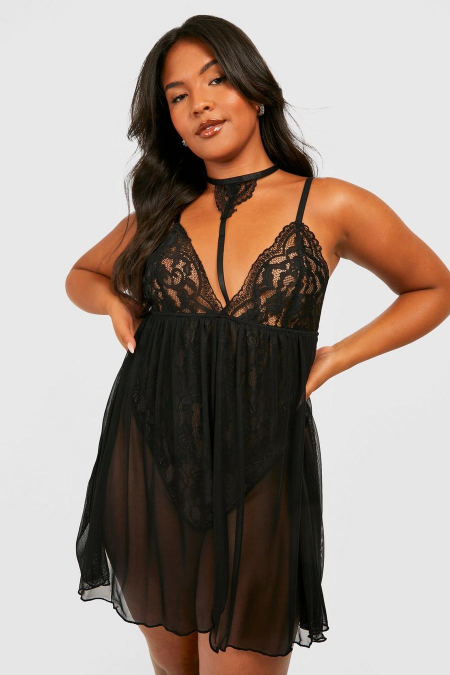 Babydoll Plus Size a body con choker, Black negro image number 1