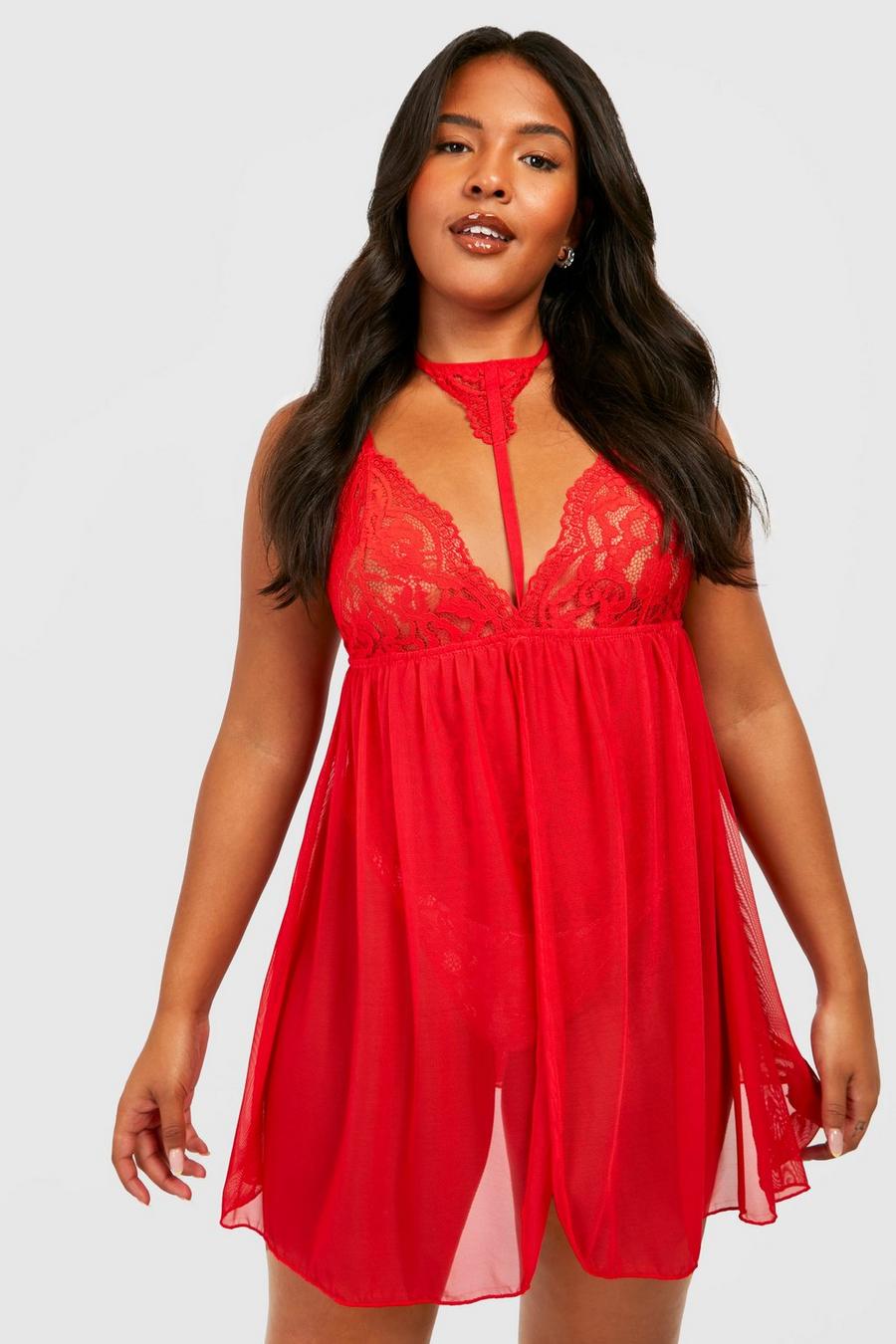 Plus Size Sexy Red Halter Neck Babydoll Lingerie - Leopard & Lace