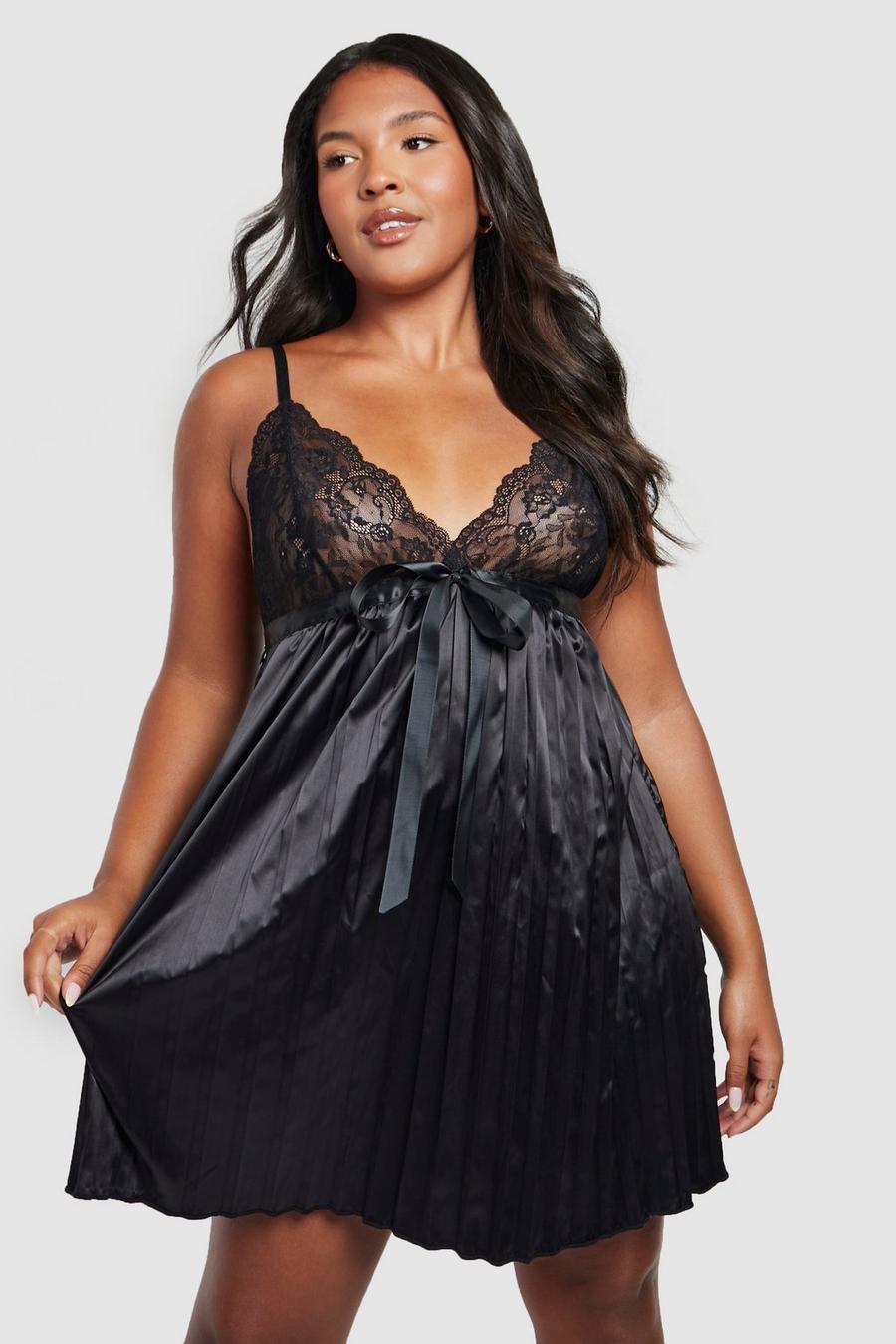 Black Plus Pleated Bow Front Babydoll image number 1