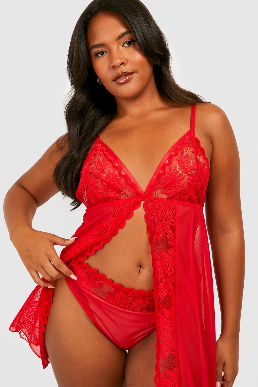 Babydoll Plus Size in pizzo con spacco frontale, Red image number 1