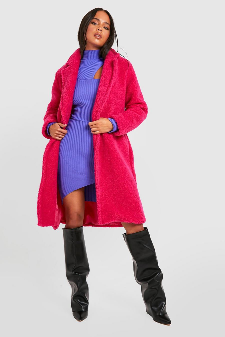 Hot pink Petite Teddy Double Breasted Car Coat