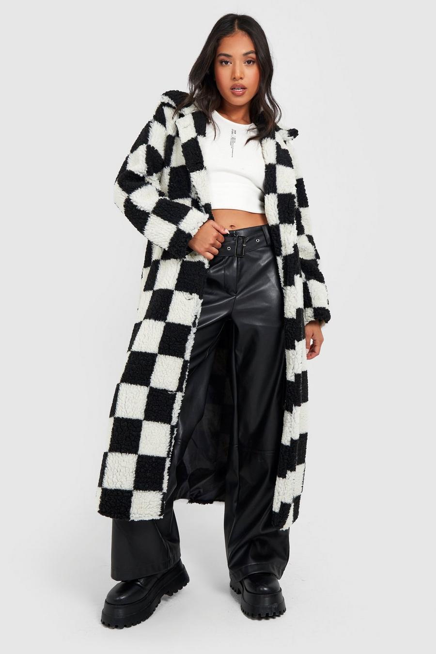 Black Petite Teddy Checkerboard Coat