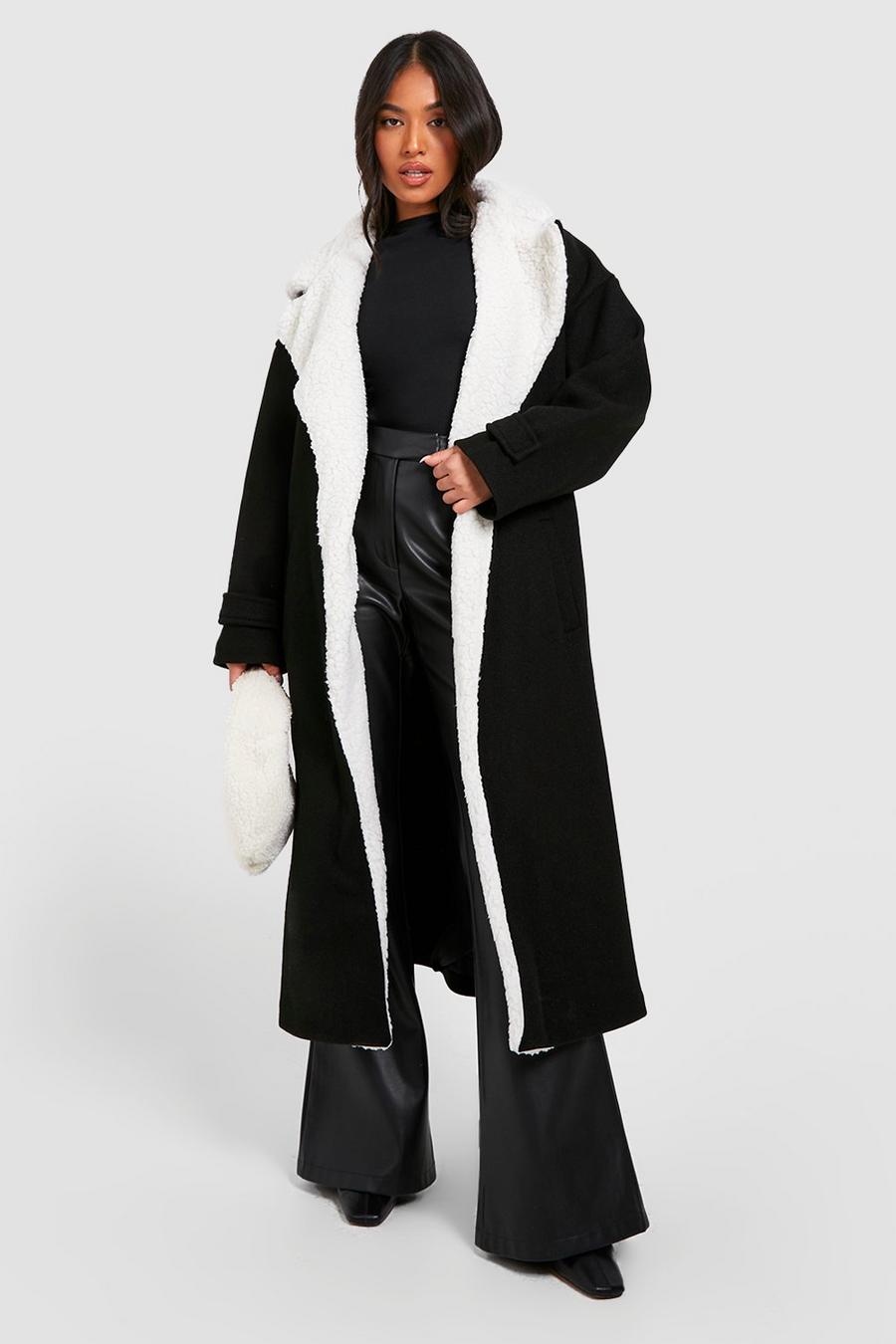 Black Petite Contrast Teddy Collar Wool Coat image number 1