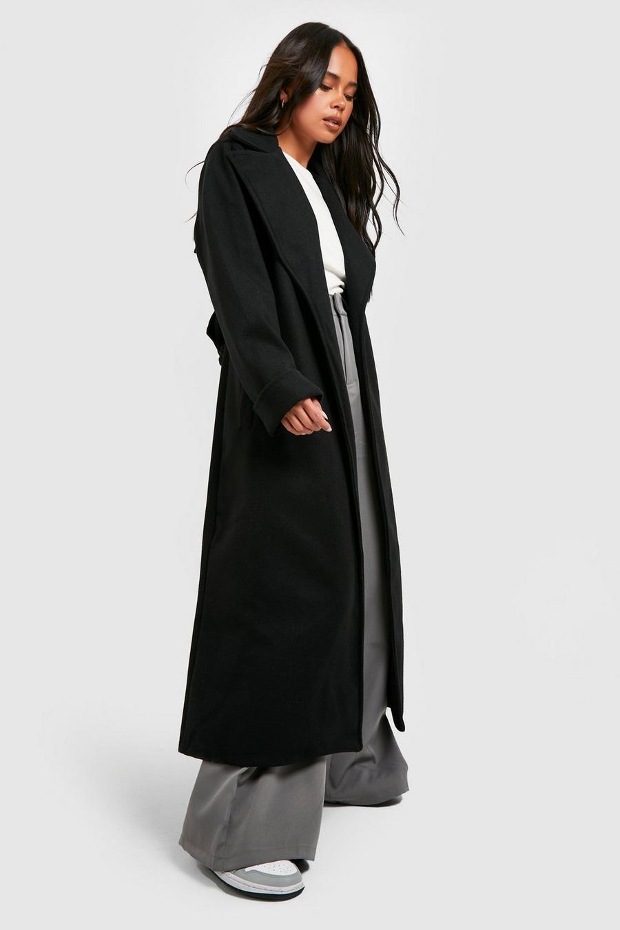 Black Petite Oversized Belted Wool Look Coat image number 1