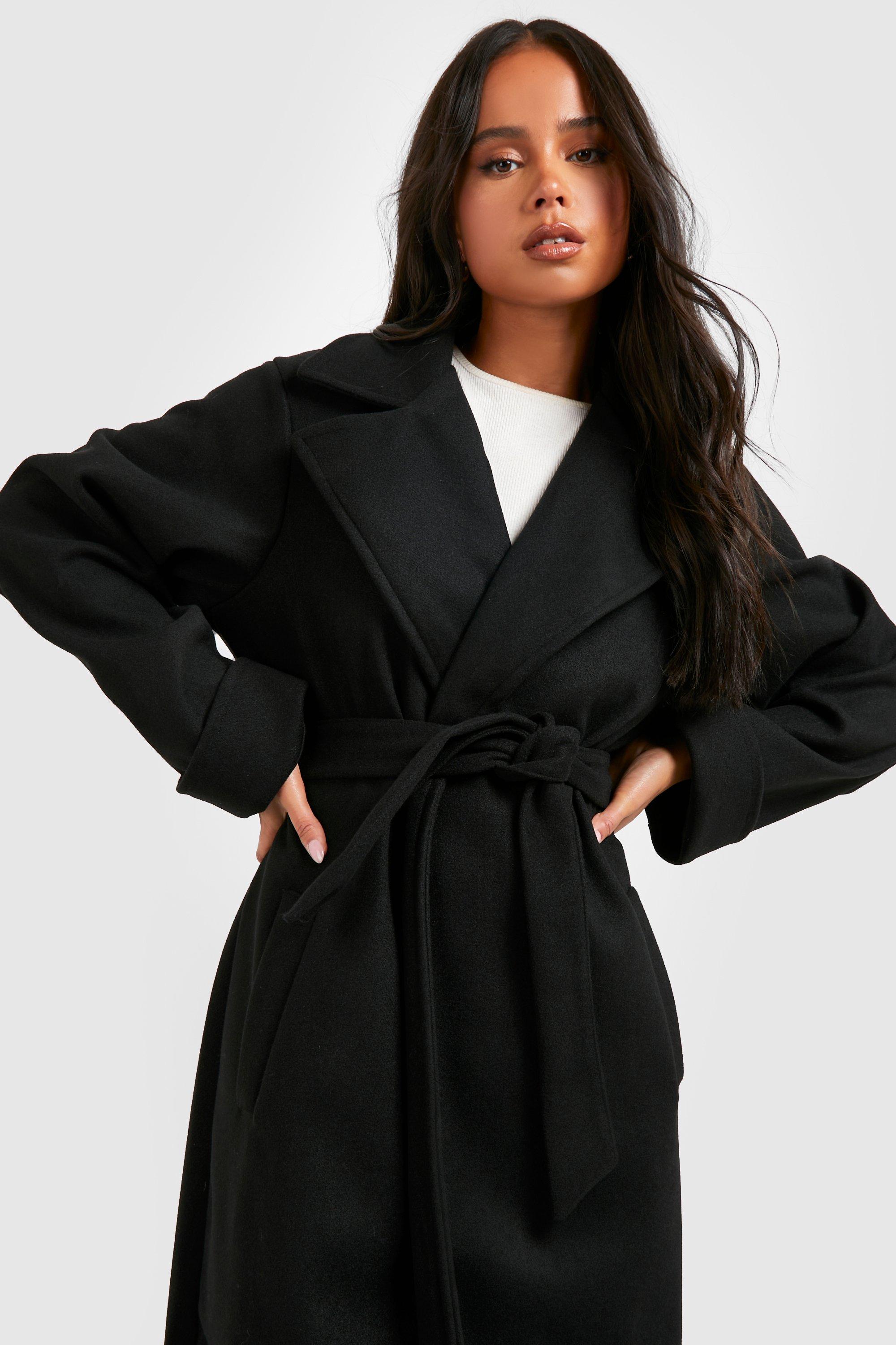 boohoo Short Belted Wool Look Coat - Black - Size 8