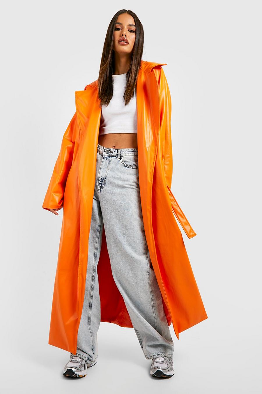 Orange Belted Faux Leather Trench image number 1