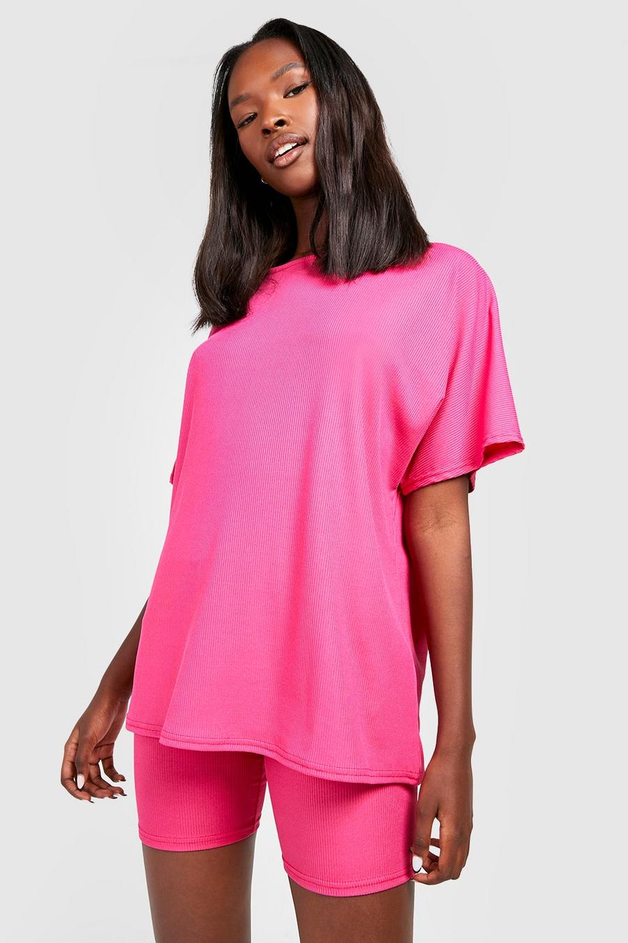 Hot pink Oversize t-shirt och cykelbyxor image number 1