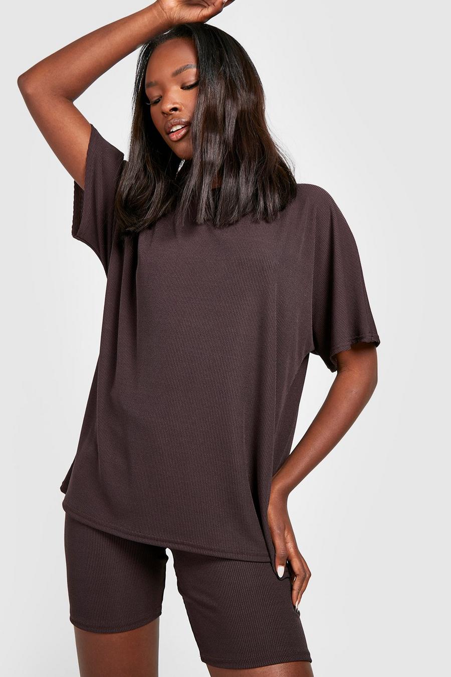 Chocolate brown Oversized T-shirt & Cycling Shorts Set image number 1