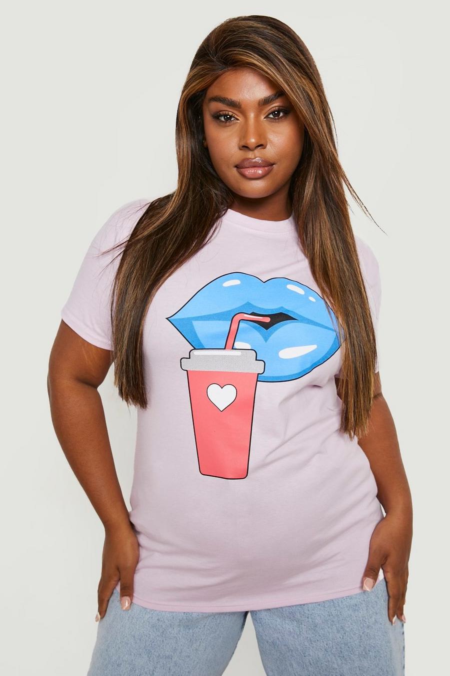Lilac Plus Lips Drink Print Oversized T-shirt image number 1