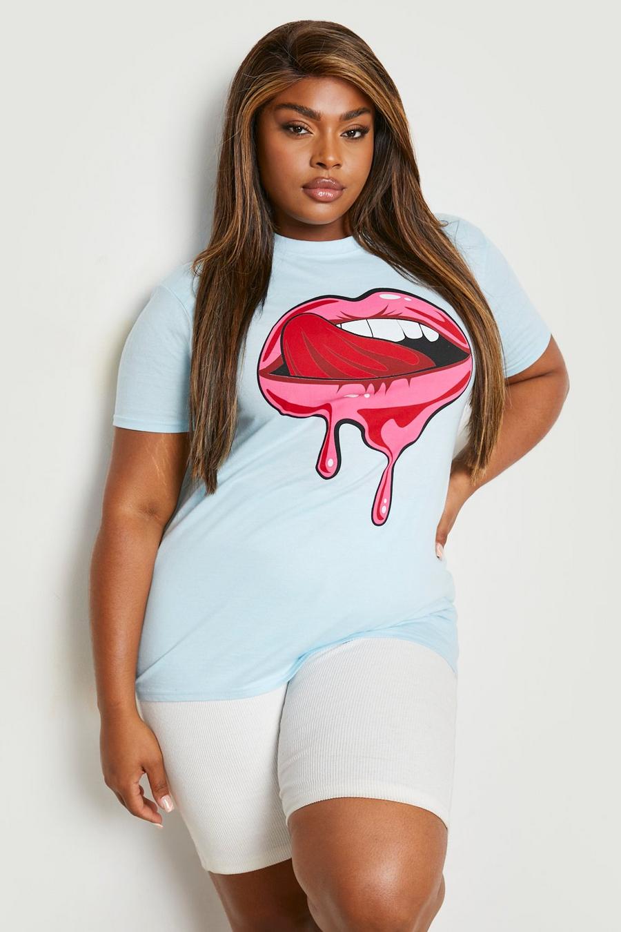 Pale blue Plus Dripping Lips Print Oversized T-shirt