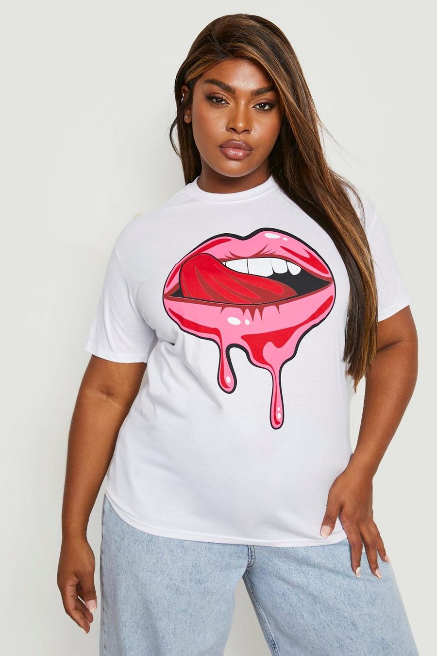 White Plus Dripping Lips Print Oversized T-shirt image number 1