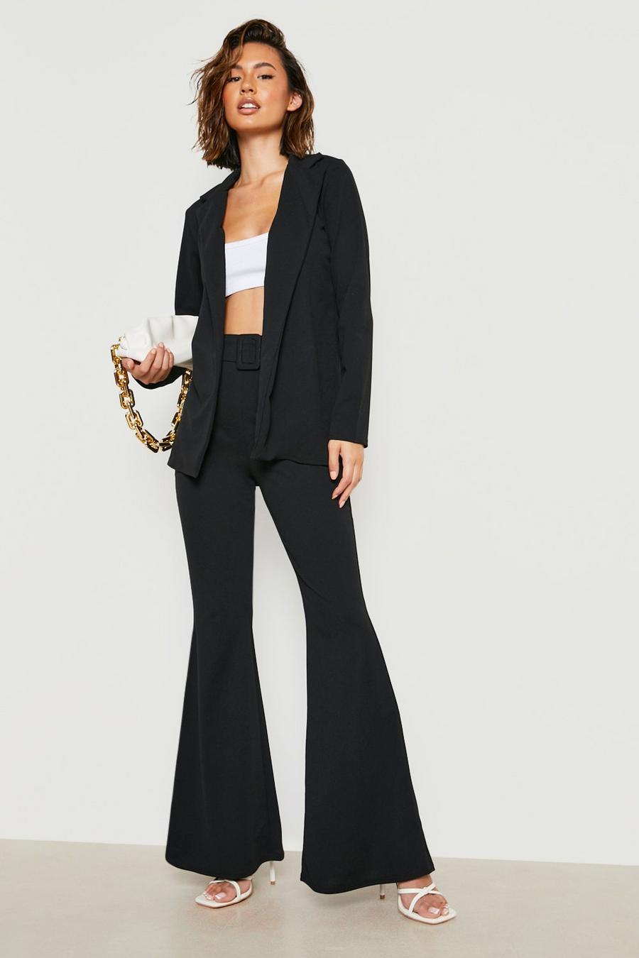 Black Jersey Blazer & Belted Flared Trouser Set image number 1