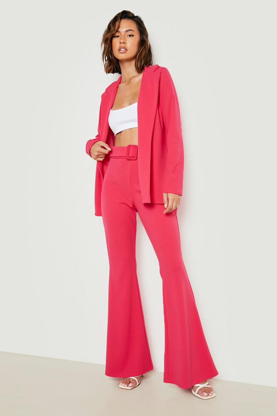 Magenta pink Jersey Blazer & Belted Flared Pants Set