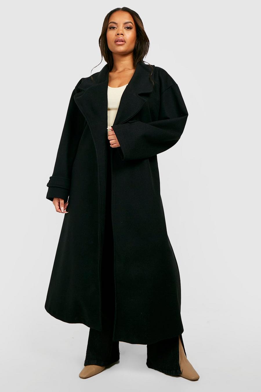 Cappotto Trench Plus Size effetto lana con cintura, Black image number 1