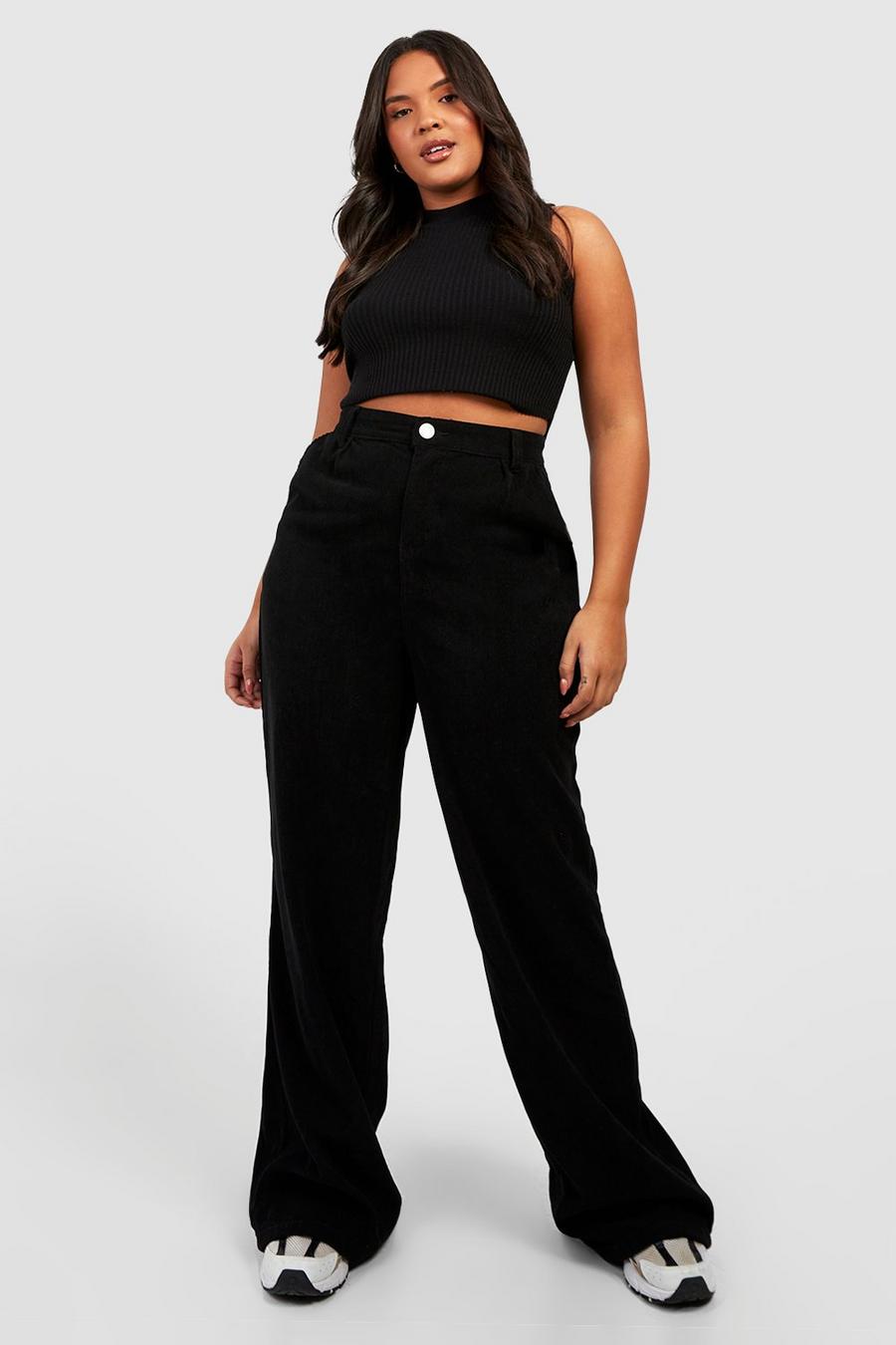 Black Plus Cord High Waisted Wide Leg Jeans