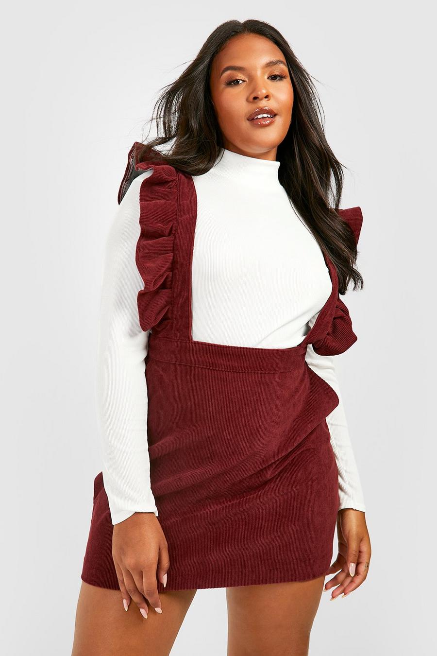 Burgundy Plus Cord Pinafore Skirt image number 1