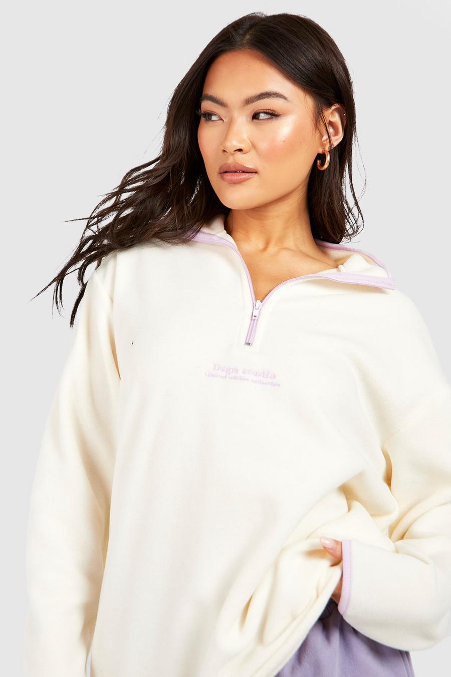 Ecru Polar Fleece Contrast Zip Sweater  image number 1