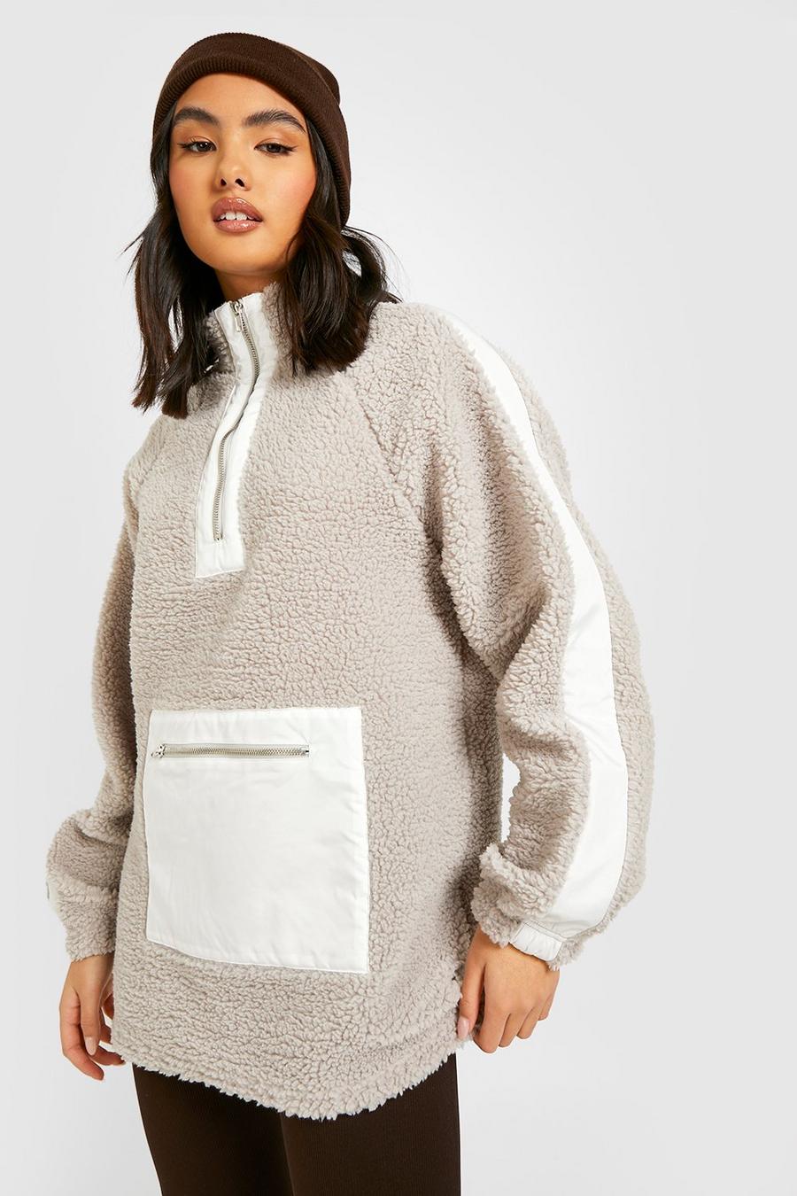 Grey Premium Sweatshirt i teddy och nylon med kort dragkedja image number 1