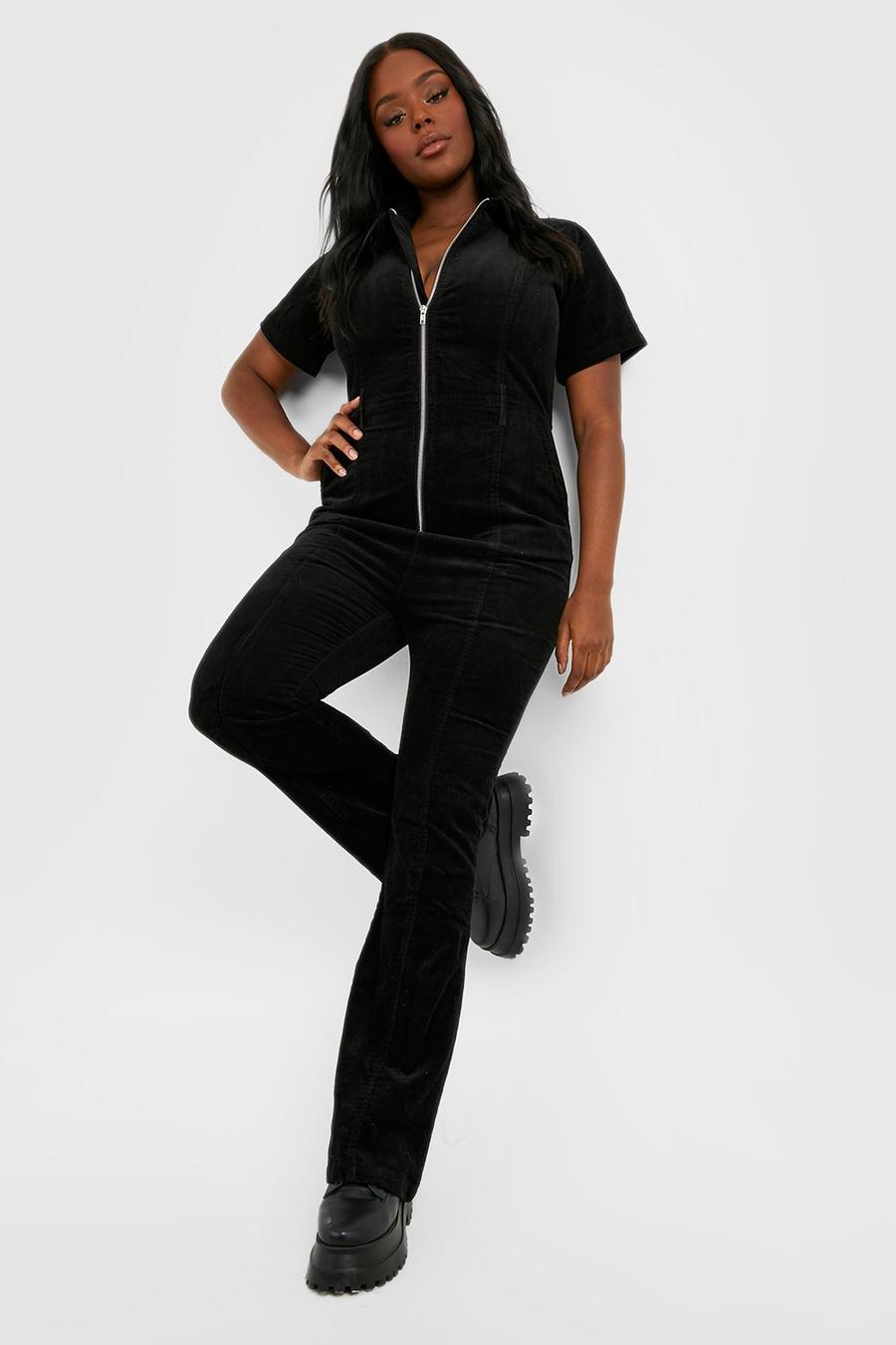 Plus Cord Schlag-Jumpsuit mit Reißverschluss, Black image number 1