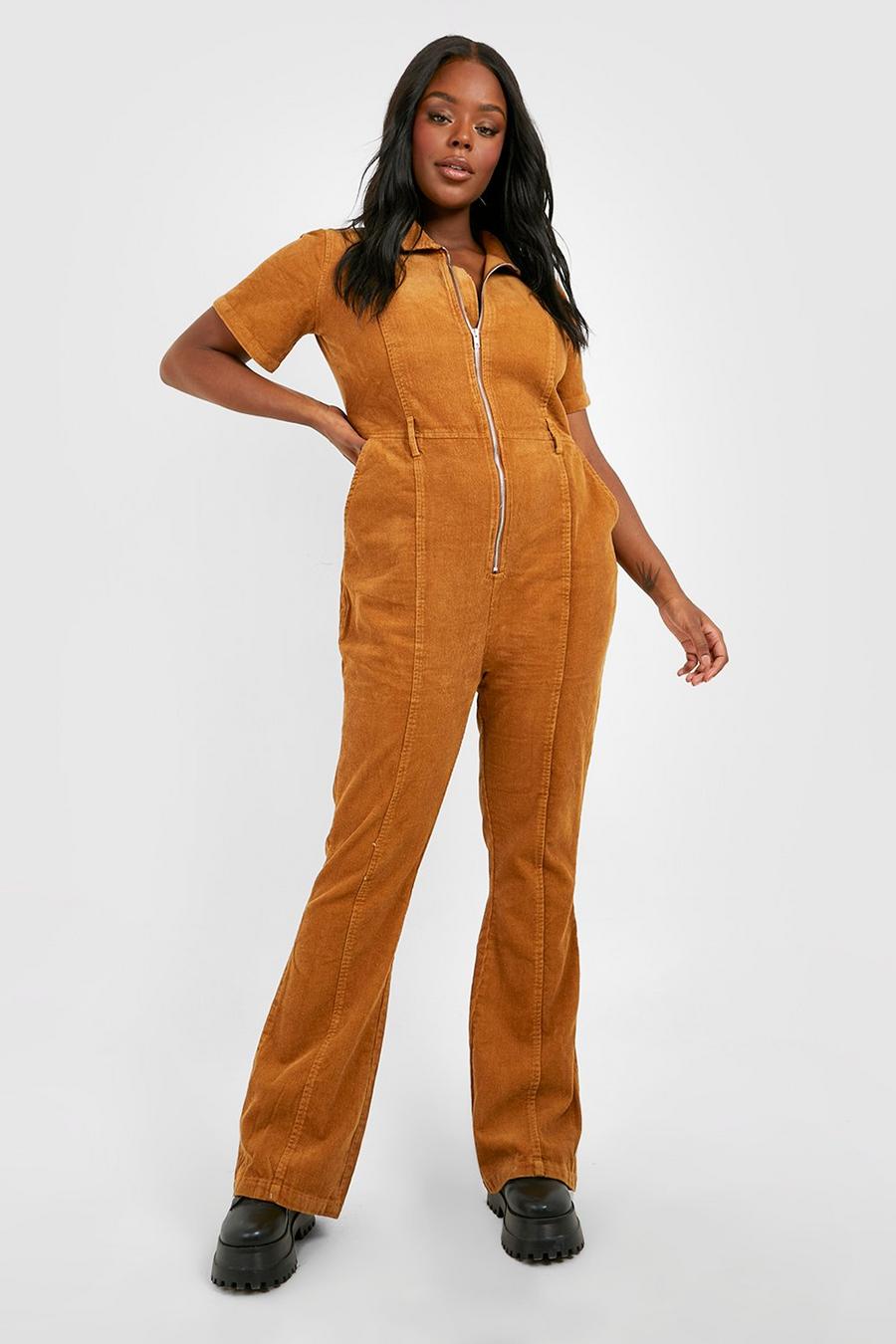 Rust Plus Cord Zip Up Flared Jumpsuit image number 1