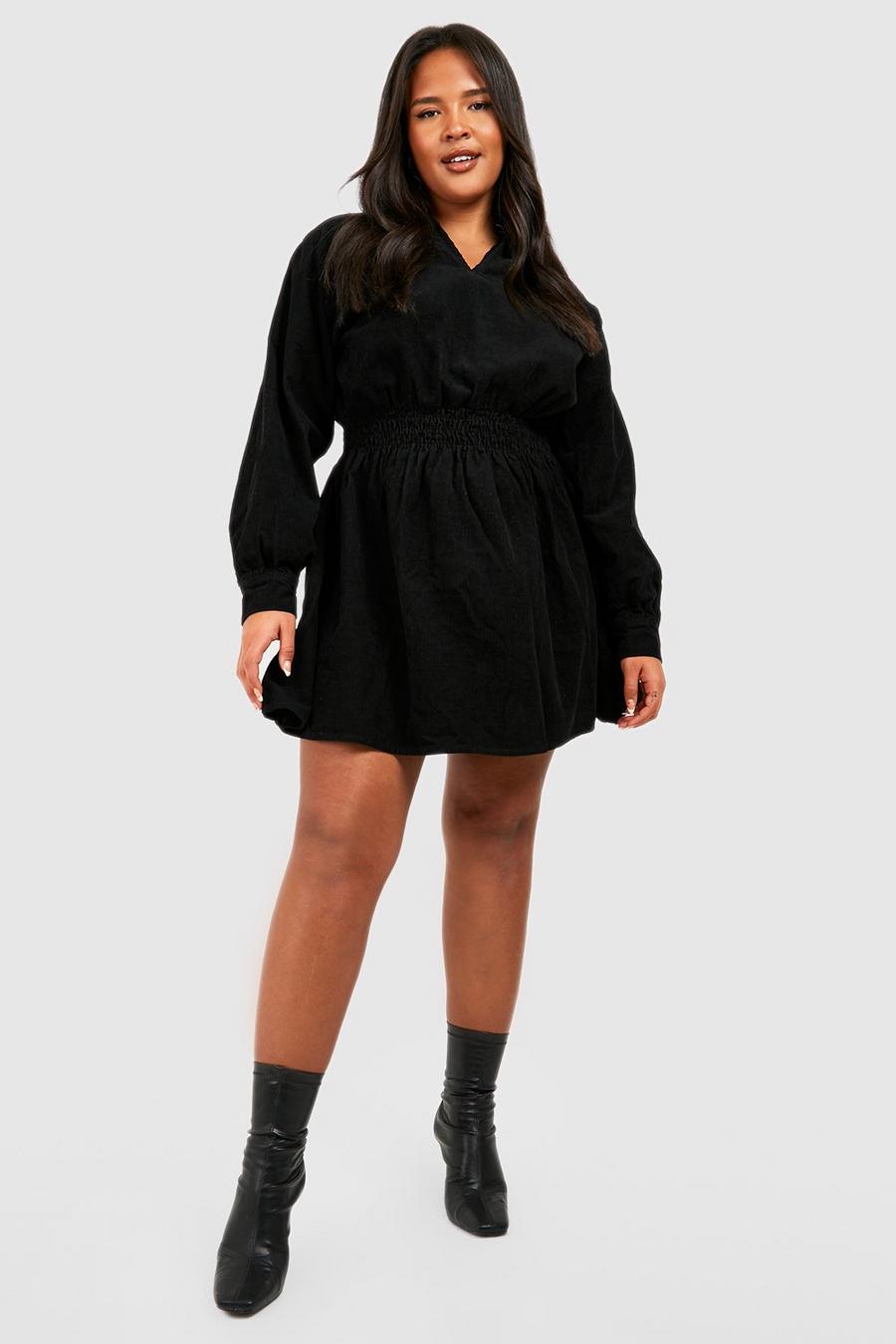 Black Plus Cord Elasticated Waist Skater Dress image number 1