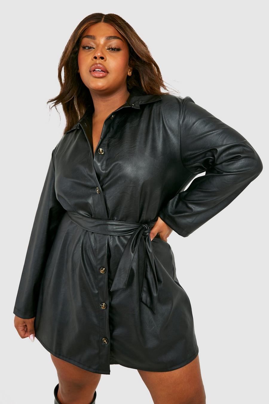 Black Plus Faux Leather Belted Smock Dress image number 1