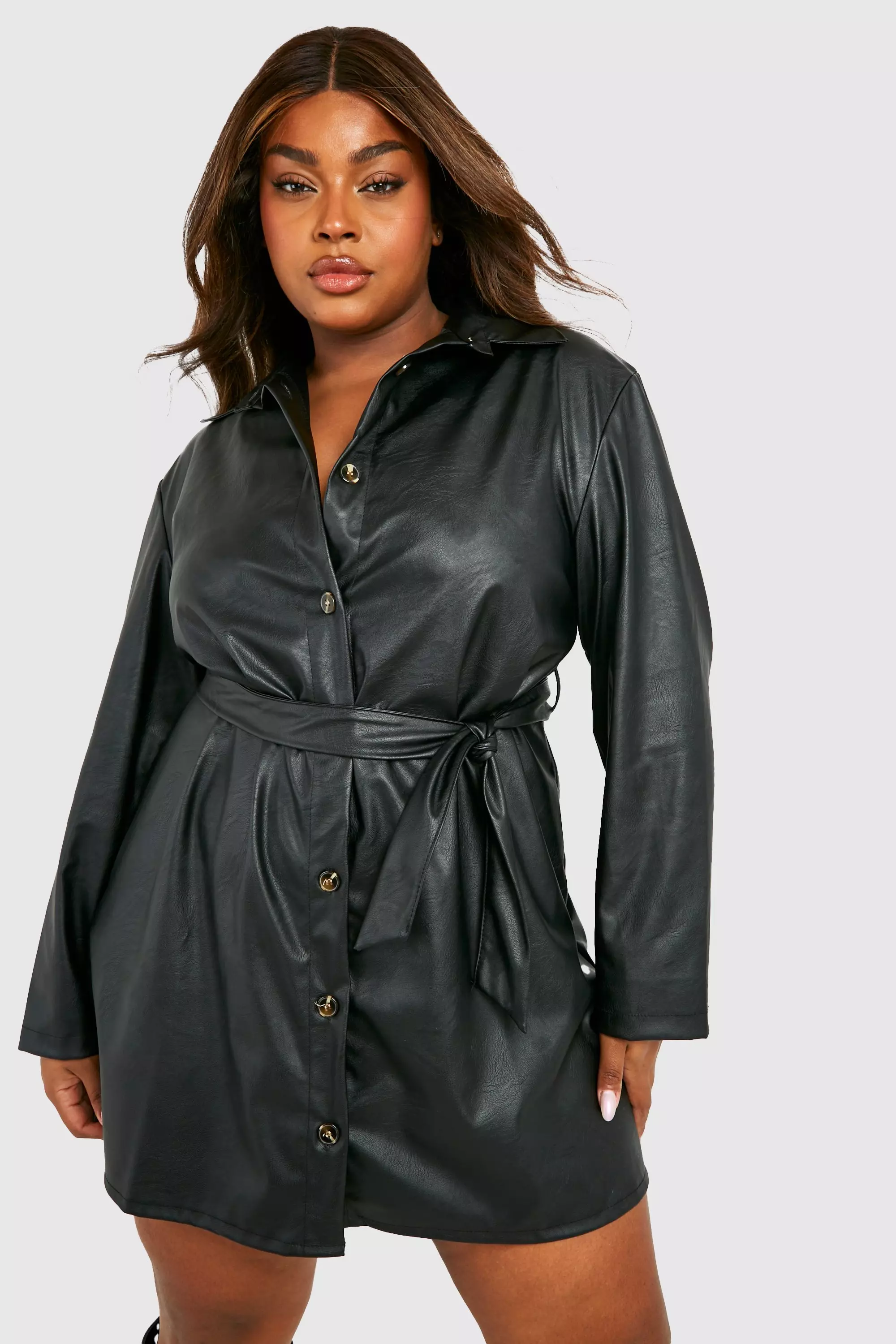 Black leather shop belted dress