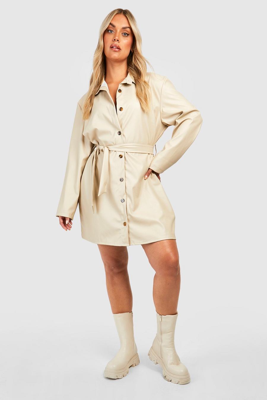 Stone beige Plus Faux Leather Belted Smock Dress