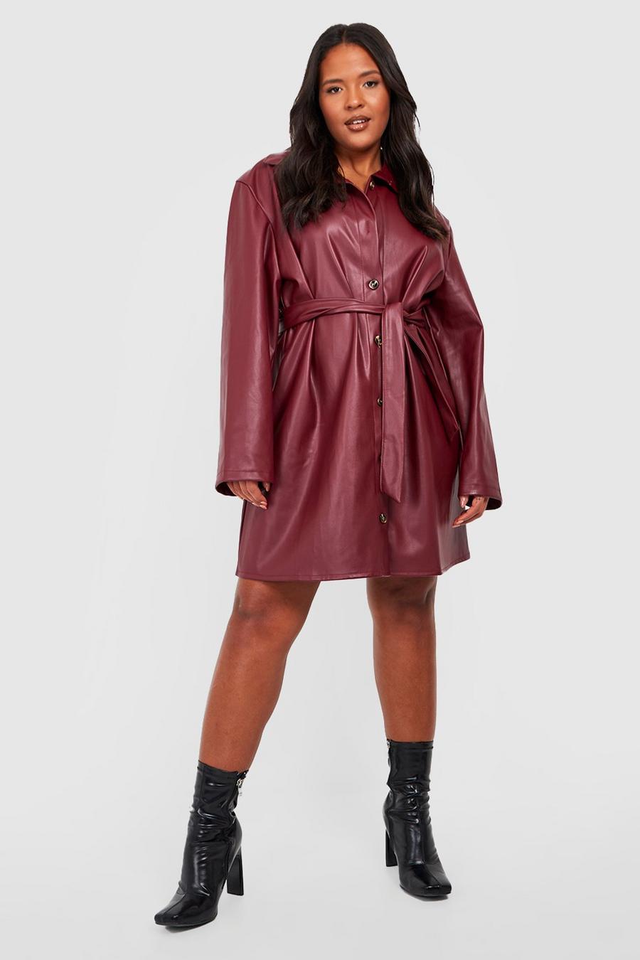 Wine red Plus Faux Leather Belted Smock Dress