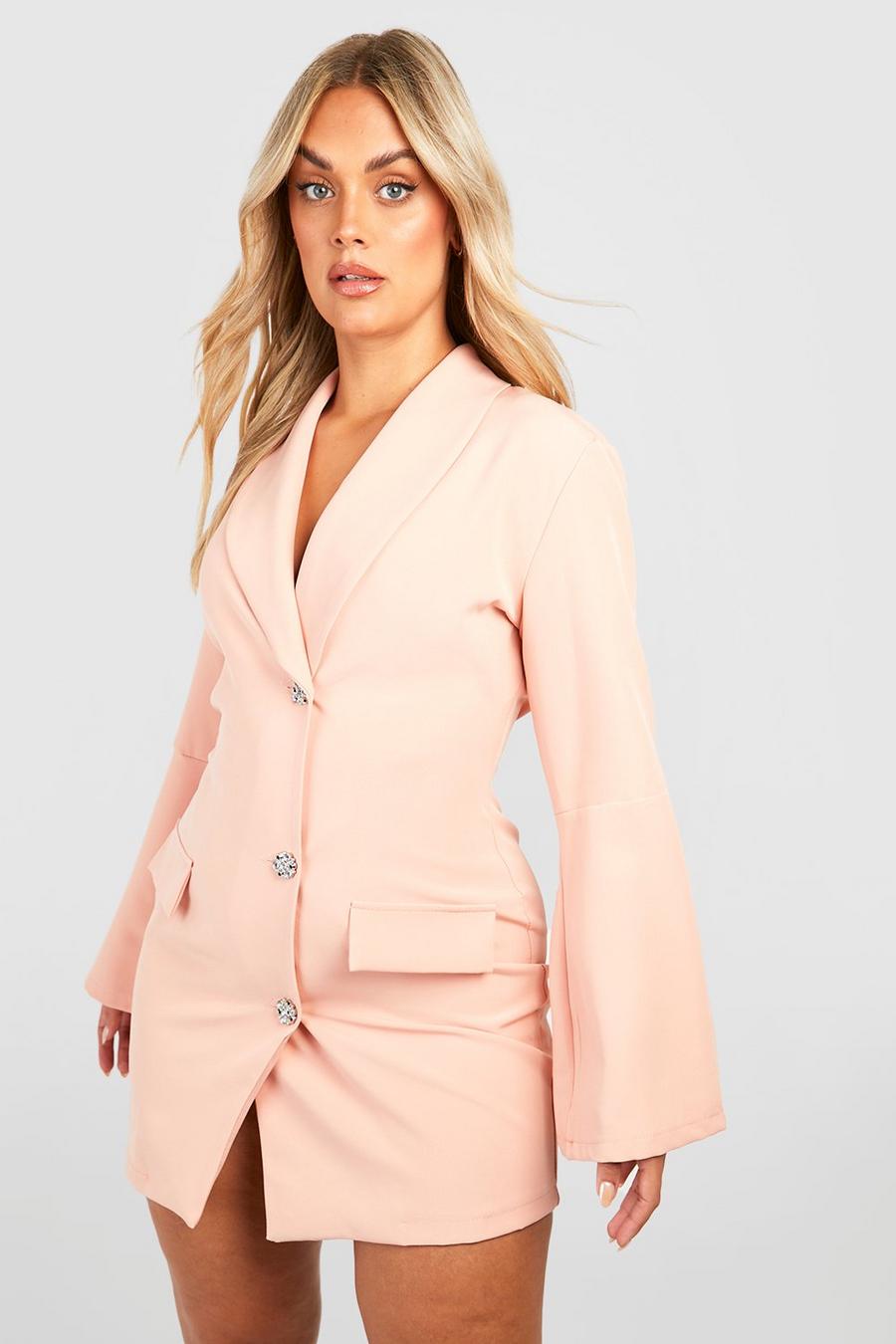 Blush pink Plus Flare Sleeve Diamante Blazer Dress
