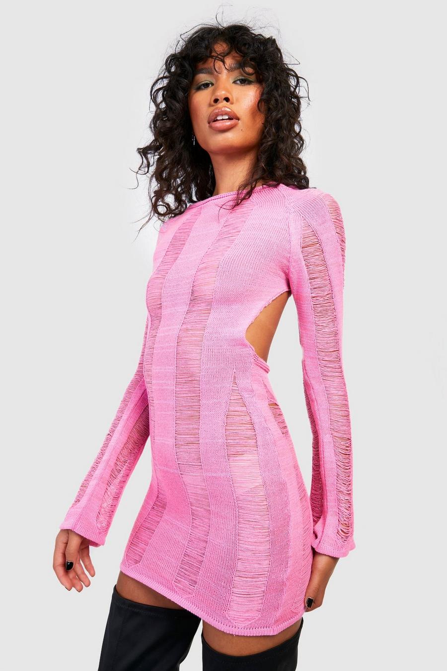 Pink Ladder Stitch Knitted Mini Dress