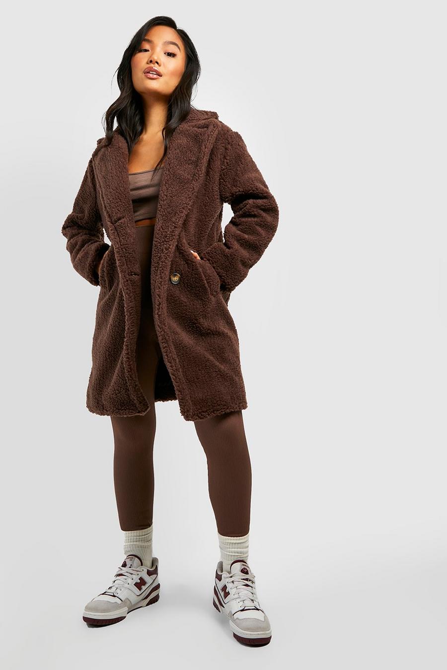 Chocolate brown Petite Double Breasted Teddy Fur Coat