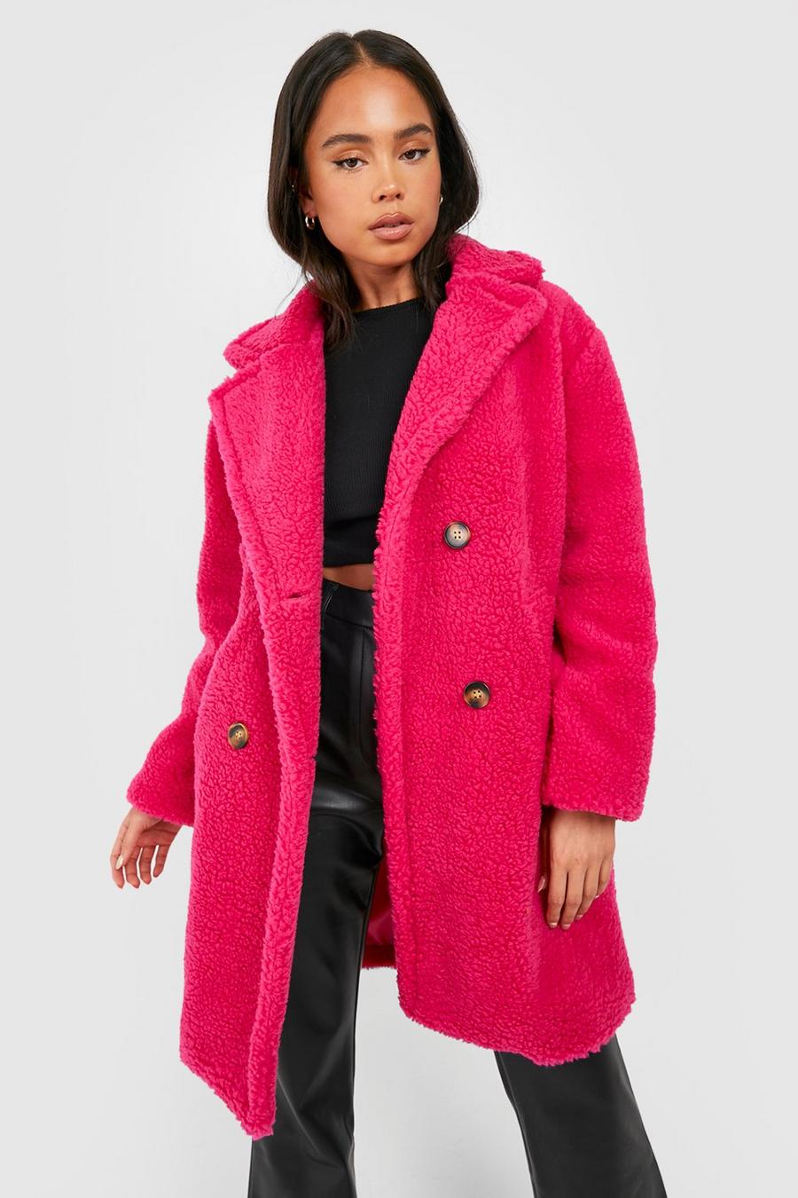 Fuchsia pink Petite Double Breasted Teddy Fur Coat 