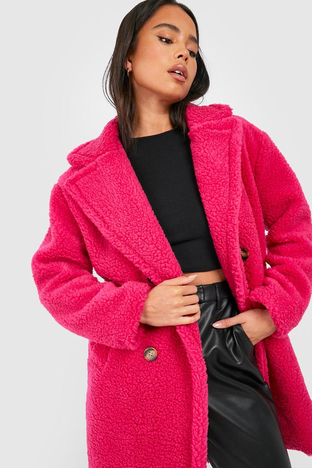 Boohoo pink teddy coat sale